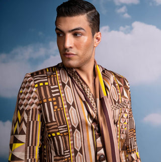 Brown Geometric Print Shirt And Pant Set by Nikita Mhaisalkar Men available on Indiaspopup.com