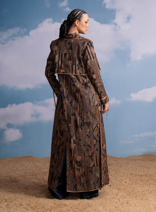 Brown Geometric Print Top, Trench And Pant Set by Nikita Mhaisalkar available on Indiaspopup.com