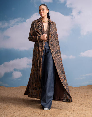 Brown Geometric Print Top, Trench And Pant Set by Nikita Mhaisalkar available on Indiaspopup.com