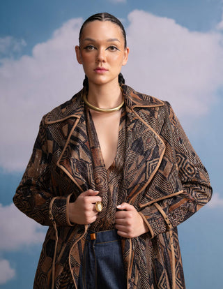 Brown Geometric Print Top, Trench And Pant Set by Nikita Mhaisalkar available on Indiaspopup.com