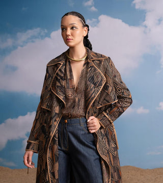 Brown Geometric Print Top, Trench And Pant Set by Nikita Mhaisalkar available on Indiaspopup.com