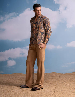 Brown Geometric Print Shacket And Pants by Nikita Mhaisalkar Men available on Indiaspopup.com