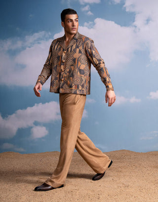 Brown Geometric Print Shacket And Pants by Nikita Mhaisalkar Men available on Indiaspopup.com
