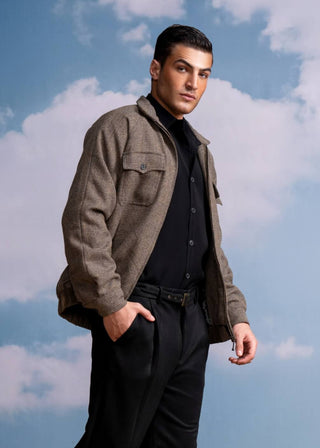 Brown Checks Bomber Jacket by Nikita Mhaisalkar Men available on Indiaspopup.com
