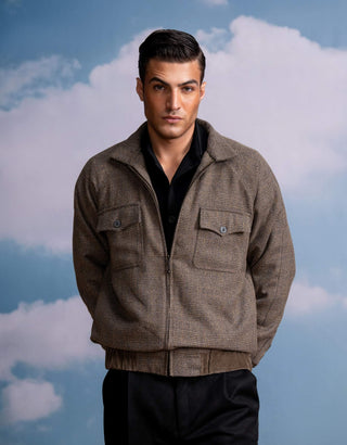 Brown Checks Bomber Jacket by Nikita Mhaisalkar Men available on Indiaspopup.com