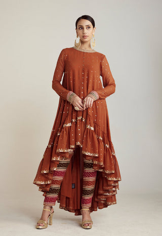 Vvani By Vani Vats-Rust Asymmetrical Kurta Set-INDIASPOPUP.COM