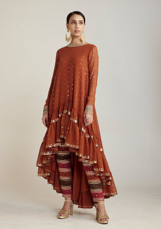 Vvani By Vani Vats-Rust Asymmetrical Kurta Set-INDIASPOPUP.COM