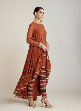 Vvani By Vani Vats-Rust Asymmetrical Kurta Set-INDIASPOPUP.COM