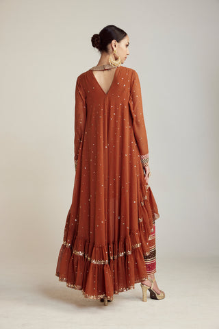 Vvani By Vani Vats-Rust Asymmetrical Kurta Set-INDIASPOPUP.COM