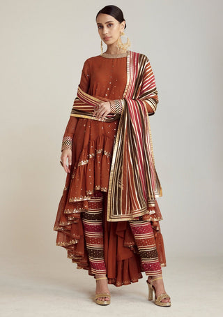 Vvani By Vani Vats-Rust Asymmetrical Kurta Set-INDIASPOPUP.COM