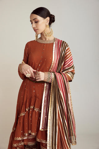 Vvani By Vani Vats-Rust Asymmetrical Kurta Set-INDIASPOPUP.COM