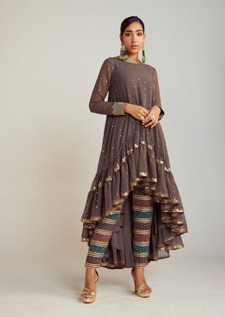 Vvani By Vani Vats-Charcoal Gray Asymmetrical Kurta Set-INDIASPOPUP.COM