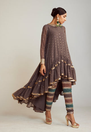Vvani By Vani Vats-Charcoal Gray Asymmetrical Kurta Set-INDIASPOPUP.COM