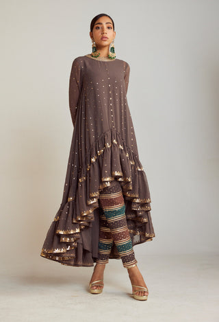 Vvani By Vani Vats-Charcoal Gray Asymmetrical Kurta Set-INDIASPOPUP.COM