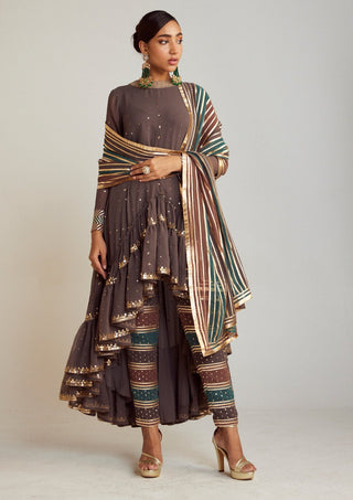 Vvani By Vani Vats-Charcoal Gray Asymmetrical Kurta Set-INDIASPOPUP.COM