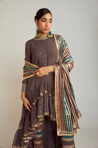 Vvani By Vani Vats-Charcoal Gray Asymmetrical Kurta Set-INDIASPOPUP.COM