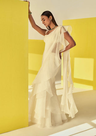Ridhi Mehra-Aafa Ivory Draped Ruffle Sari Set-INDIASPOPUP.COM