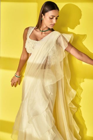 Ridhi Mehra-Aafa Ivory Draped Ruffle Sari Set-INDIASPOPUP.COM