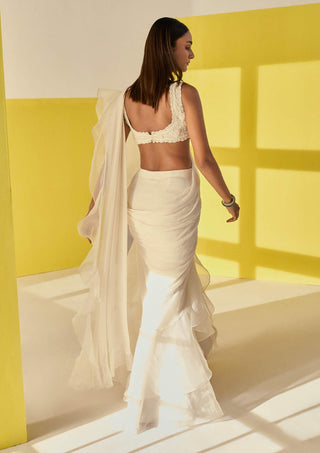 Ridhi Mehra-Aafa Ivory Draped Ruffle Sari Set-INDIASPOPUP.COM