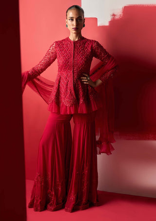 Ridhi Mehra-Red Eshrat Embroidered Peplum Gharara Set-INDIASPOPUP.COM