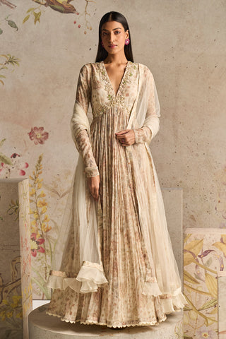 Ridhi Mehra-Flair Ivory Printed Anarkali And Dupatta-INDIASPOPUP.COM