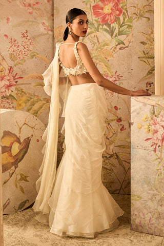 Ridhi Mehra-Dainty Ivory Draped Sari And Blouse-INDIASPOPUP.COM