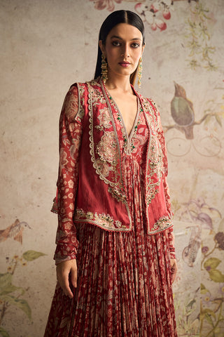 Ridhi Mehra-Dazzle Red Ochre Printed Anarkali And Jacket-INDIASPOPUP.COM