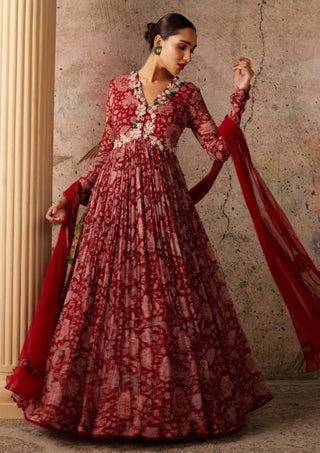 Ridhi Mehra-Flair Red Ochre Printed Anarkali And Dupatta-INDIASPOPUP.COM