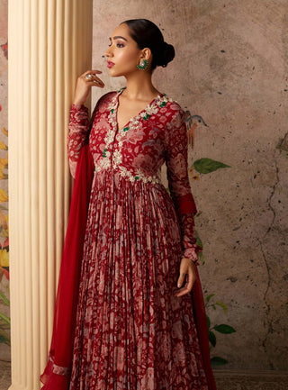 Ridhi Mehra-Flair Red Ochre Printed Anarkali And Dupatta-INDIASPOPUP.COM