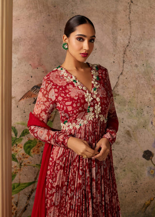 Ridhi Mehra-Flair Red Ochre Printed Anarkali And Dupatta-INDIASPOPUP.COM