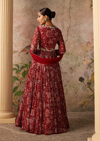 Ridhi Mehra-Flair Red Ochre Printed Anarkali And Dupatta-INDIASPOPUP.COM