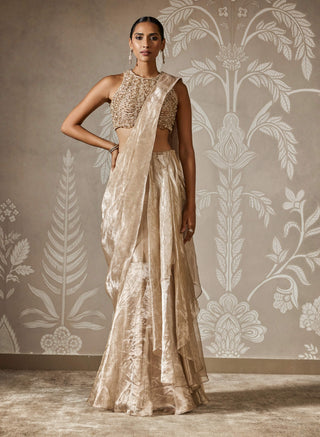 Ridhi Mehra Amara Gunmetal Gold Draped Sari And Blouse available on indiaspopup