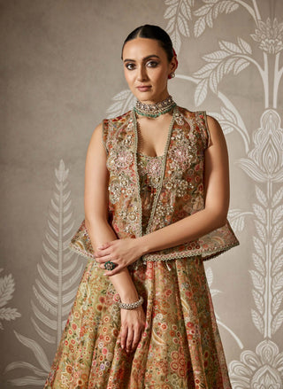 Ridhi Mehra Zaral Olive Green Printed Lehenga And Jacket Set available on indiaspopup