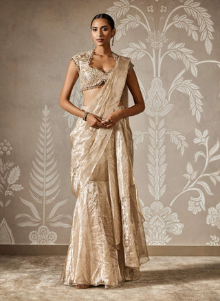 Ridhi Mehra Tarana Gunmetal Gold Draped Sari And Blouse available on indiaspopup