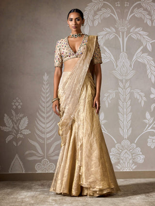 Ridhi Mehra Nayantara Light Gold Draped Sari And Blouse available on indiaspopup