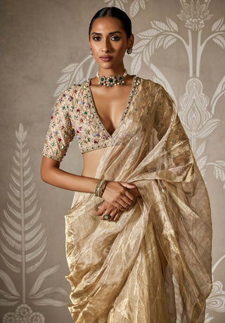 Ridhi Mehra Nayantara Light Gold Draped Sari And Blouse available on indiaspopup
