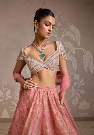 Coral Printed Organza Skirt Set by Ridhi Mehra available on Indiaspopup.com