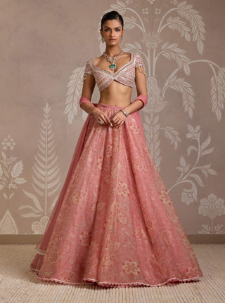 Coral Printed Organza Skirt Set by Ridhi Mehra available on Indiaspopup.com