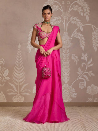Bright Fuchsia Chiffon Draped Sari And Blouse by Ridhi Mehra available on Indiaspopup.com