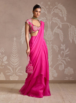 Bright Fuchsia Chiffon Draped Sari And Blouse by Ridhi Mehra available on Indiaspopup.com