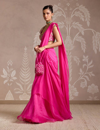 Bright Fuchsia Chiffon Draped Sari And Blouse by Ridhi Mehra available on Indiaspopup.com