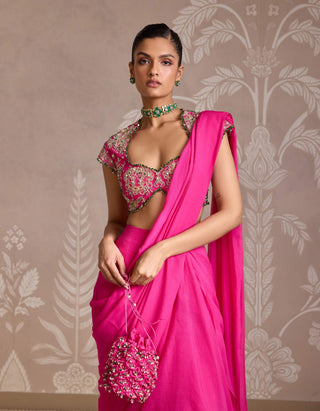 Bright Fuchsia Chiffon Draped Sari And Blouse by Ridhi Mehra available on Indiaspopup.com