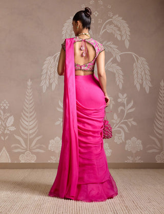 Bright Fuchsia Chiffon Draped Sari And Blouse by Ridhi Mehra available on Indiaspopup.com