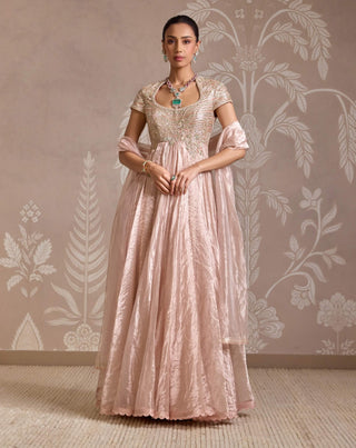 Rose Gold Tissue Anarkali And Dupatta by Ridhi Mehra available on Indiaspopup.com