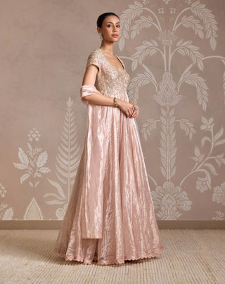 Rose Gold Tissue Anarkali And Dupatta by Ridhi Mehra available on Indiaspopup.com