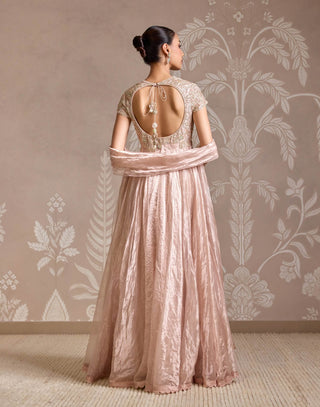 Rose Gold Tissue Anarkali And Dupatta by Ridhi Mehra available on Indiaspopup.com