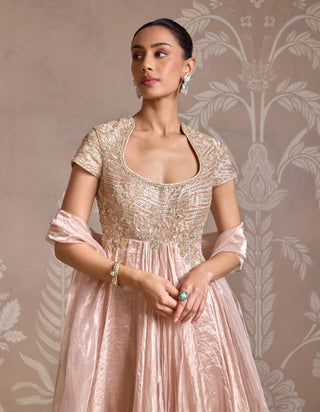 Rose Gold Tissue Anarkali And Dupatta by Ridhi Mehra available on Indiaspopup.com