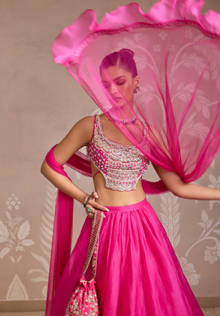 Bright Fuchsia Solid Organza Skirt Set by Ridhi Mehra available on Indiaspopup.com