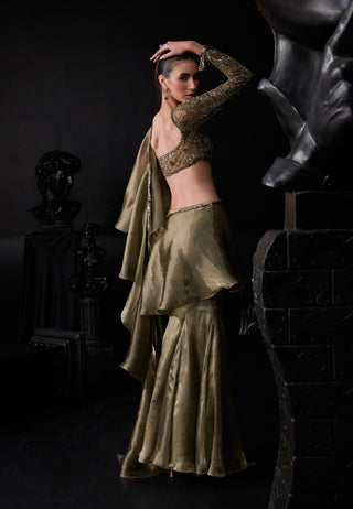 Roqa-Antique Gold Ruffle Sari And Blouse-INDIASPOPUP.COM