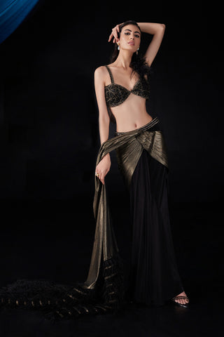 Roqa-Black Gold Embroidered Stitched Sari And Blouse-INDIASPOPUP.COM